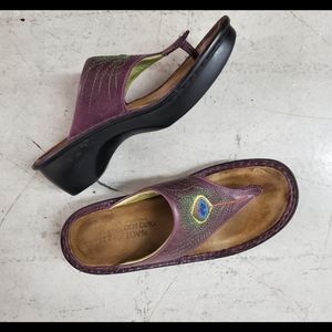 Naot Purple Peacock Bali Feather Cork Sandals.